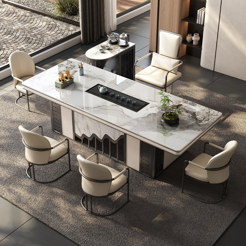 新中式岩板茶桌现代简约客厅家用茶台办公L室烧水壶一体茶桌椅组