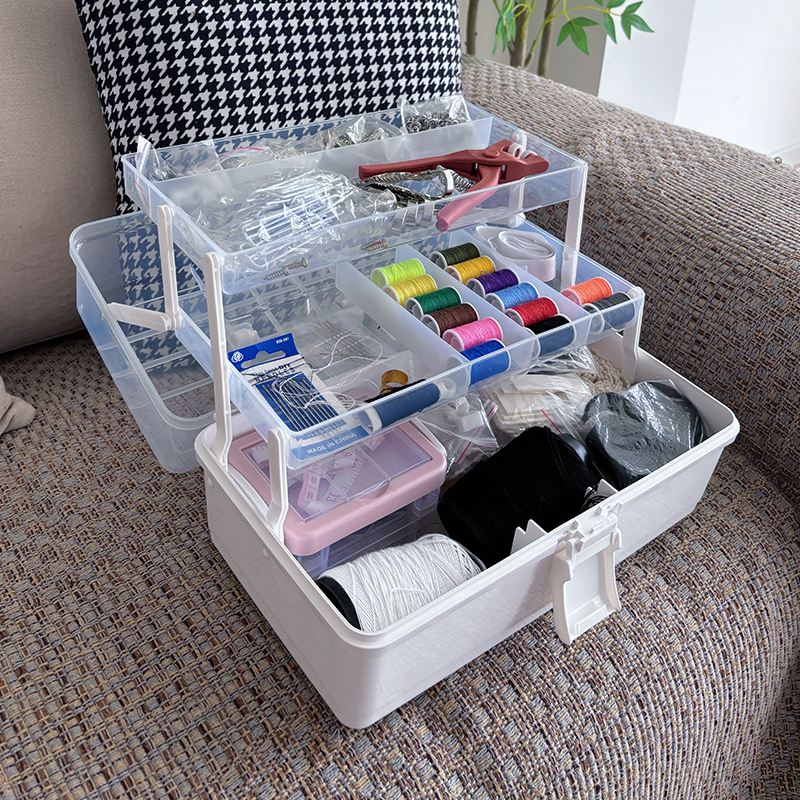 家用针线收纳盒大容量多层带盖整理盒缝纫工具收纳箱透明空盒手提