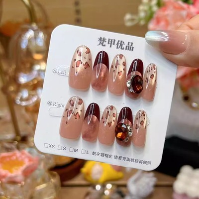 梵甲优品C酒红豹纹大钻球穿戴甲