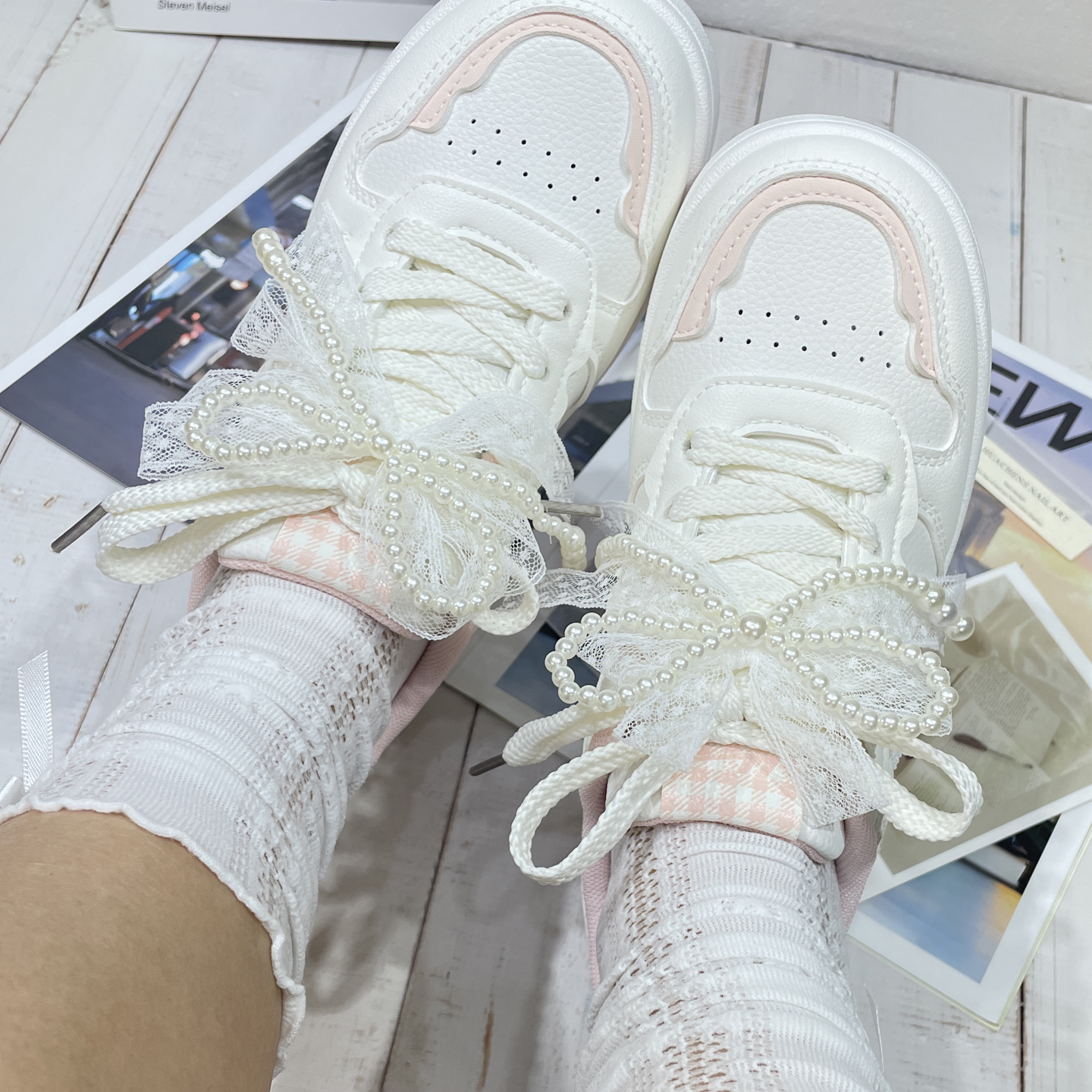 珍珠蝴蝶结鞋扣白色可拆卸芭蕾风