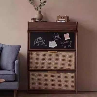 三马家具“涂点鞋柜”北美黑胡桃木鞋柜 超薄翻斗鞋架 藤编玄关柜