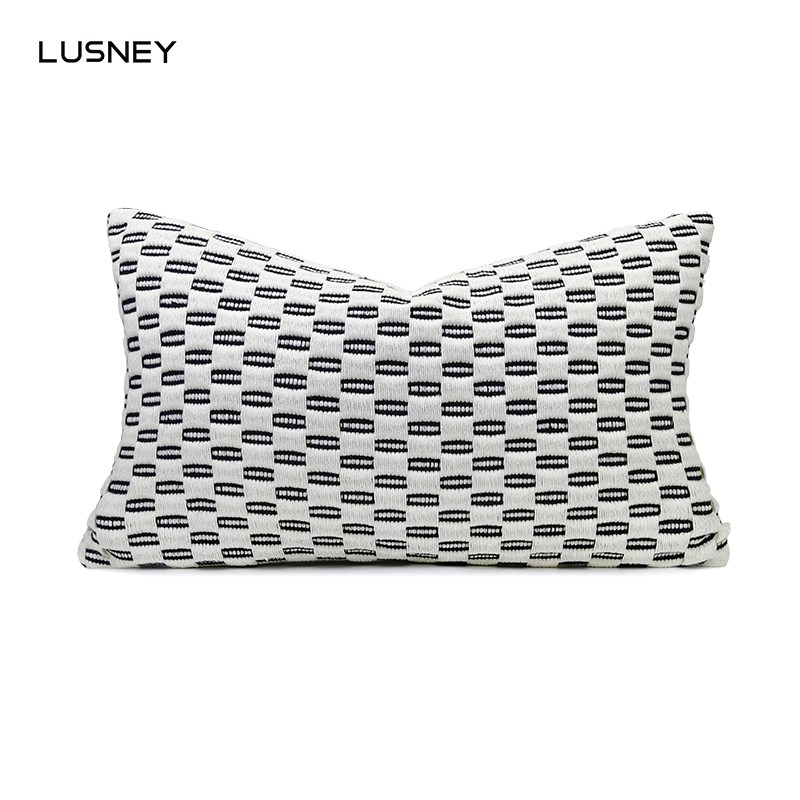 北欧现代简约轻奢沙发q样板间白色线黑框格棉麻定制腰枕床头靠垫