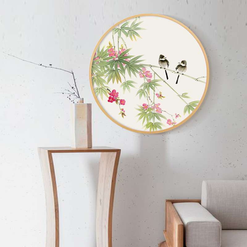 新中式铝合金圆形装饰画书房玄关楼梯挂画淡雅意境国画花鸟酒店装图片