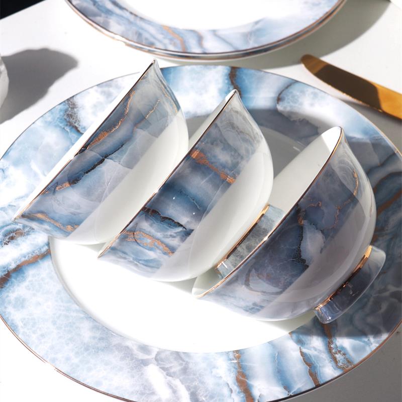 蓝海金沙简约碗盘餐具套装家用高档轻奢菜盘牛排西餐盘陶瓷吃饭碗