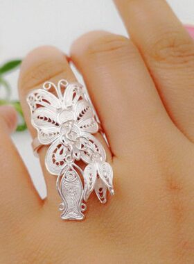 小众设计镂空银色蝴蝶戒指女民族风手工拉丝小鱼铃兰花个性食指戒