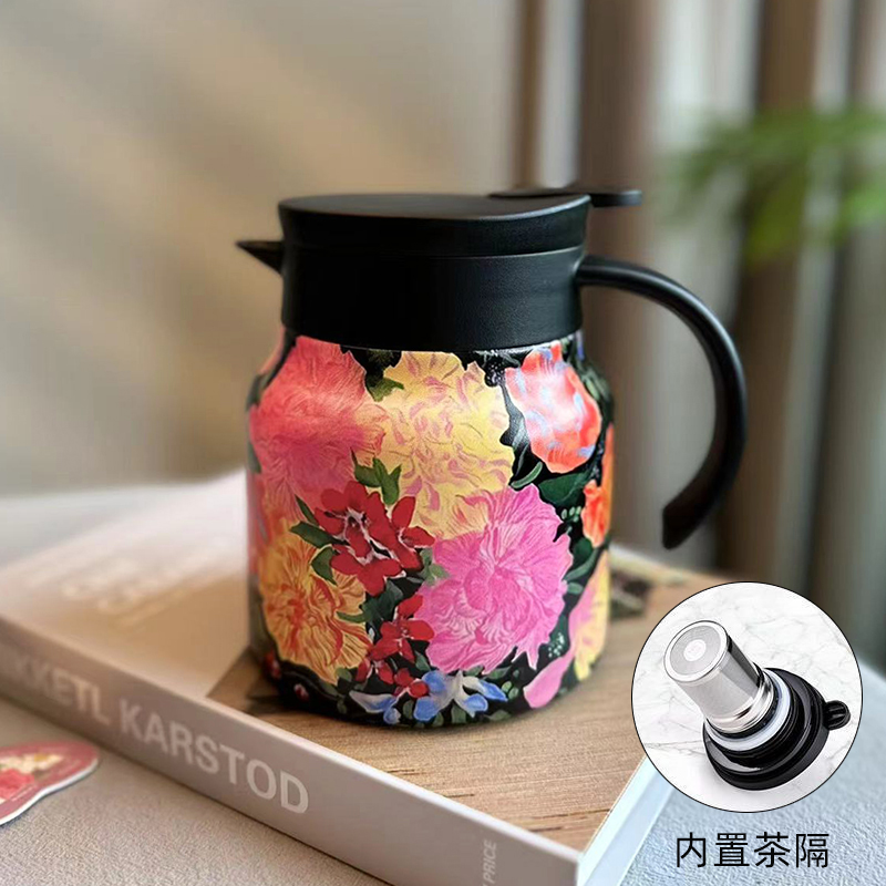 高档316不锈钢3D油画焖茶壶800毫升老白茶闷泡S壶茶水分离保温茶