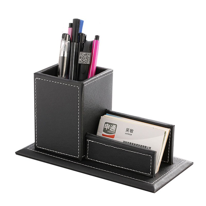 皮革学生用笔筒桌面多功能收纳名片盒架时尚文具礼品办公印logo