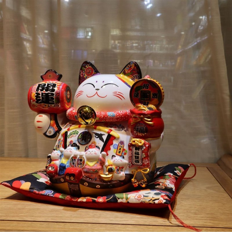 乐喵福缘猫大号14寸陶瓷招财摆件店开业招财猫日式家居礼品存钱罐