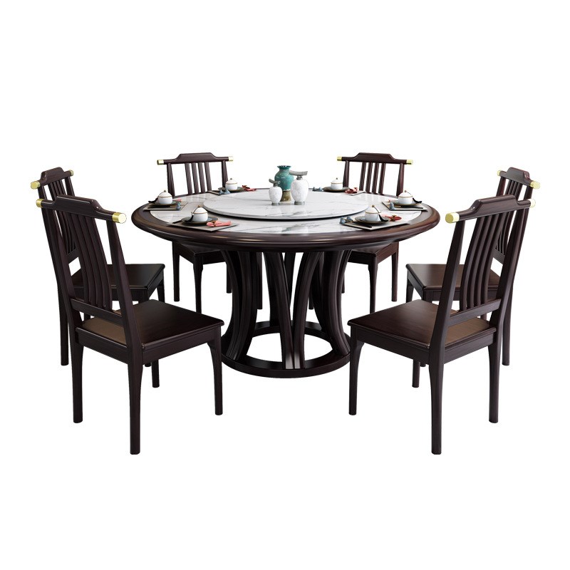 新中式实木餐桌椅组合岩板桌面6-8人圆餐桌带转盘酒店民宿用餐桌