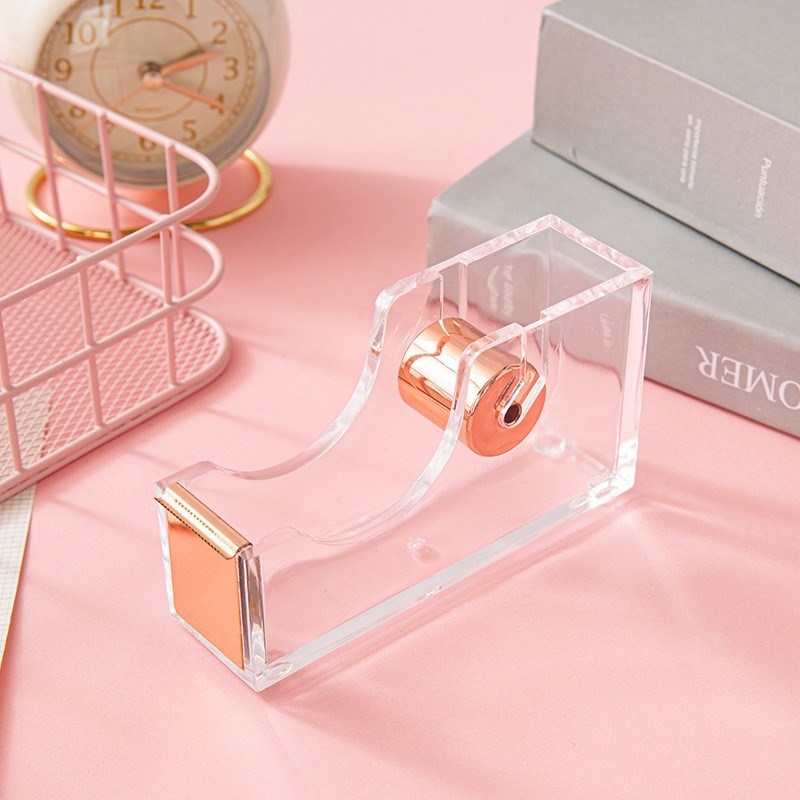 透明电镀金属胶带切割器i中号桌面手撕分割器亚克力玫瑰金胶带座