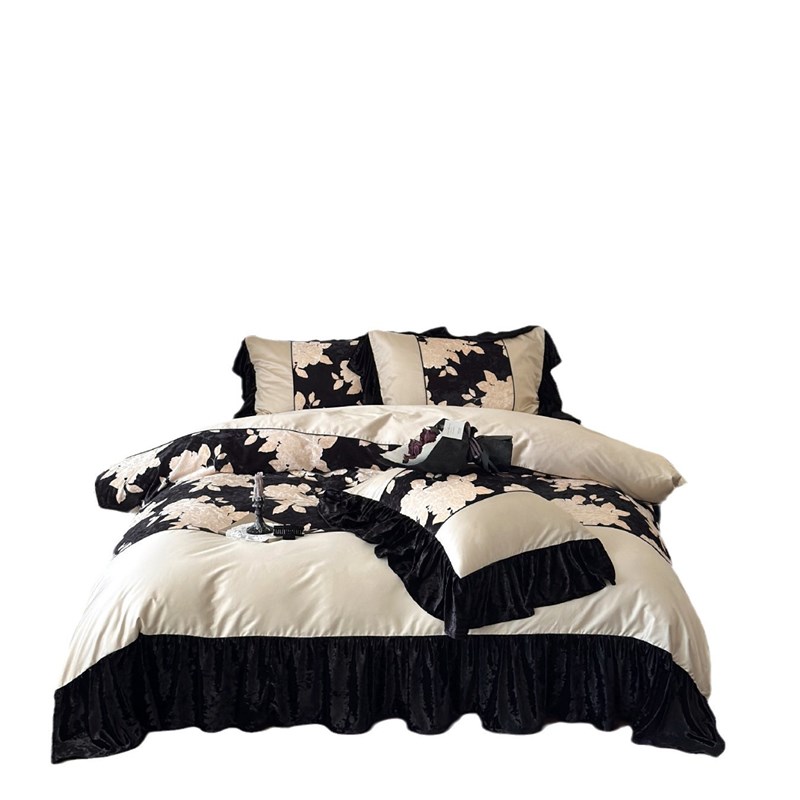 复古风50支双股长绒棉磨毛四件套红莲丝绒提花加厚秋冬床上用品