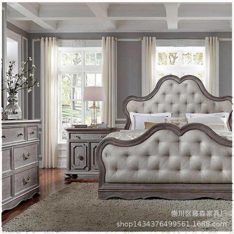 美式新古典实木布艺双人床法式实木雕花床主卧复古做旧双人床