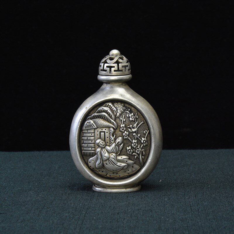 古玩收藏品古代烟具鎏银鼻烟壶双面人物图案白铜鼻烟壶清宣统款