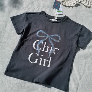 3件包邮2-10码欧美尾 女童 夏季 短袖T恤 深灰亮片蝴蝶结 上衣