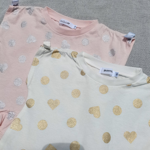 3样包邮80-130日单s*p尾女童夏季 金银圆点爱心 全棉 花边短袖T恤