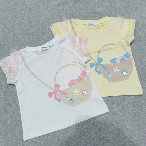 3样包邮80-130日单s*p尾女童夏季 全棉 花篮 亮片 花边短袖T恤