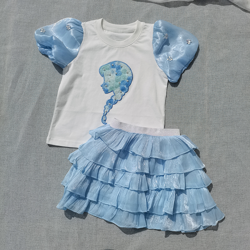 3样包邮110-160柜子尾 女童夏季 短袖泡泡袖T恤 蛋糕裙两件套装