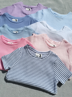 3件包邮2-10码cott*n澳单新款 女童全棉夏季螺纹棉短袖T恤 条纹