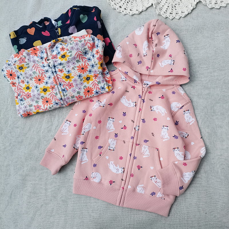 3件包邮3-9码 澳单 女童小中童 秋季 绒棉 拉链连帽印花 卫衣