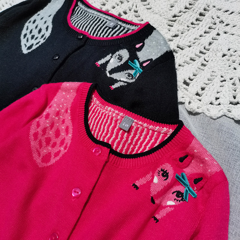 3件包邮5-6码 法系 女童小童秋季 玫红黑色狐狸针织 开衫 圆领