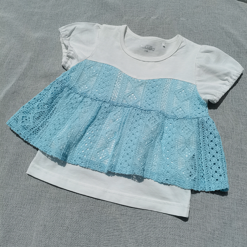 3样包邮90-130日单女童夏季全棉白色浅蓝钩花 短袖T恤上衣可批发