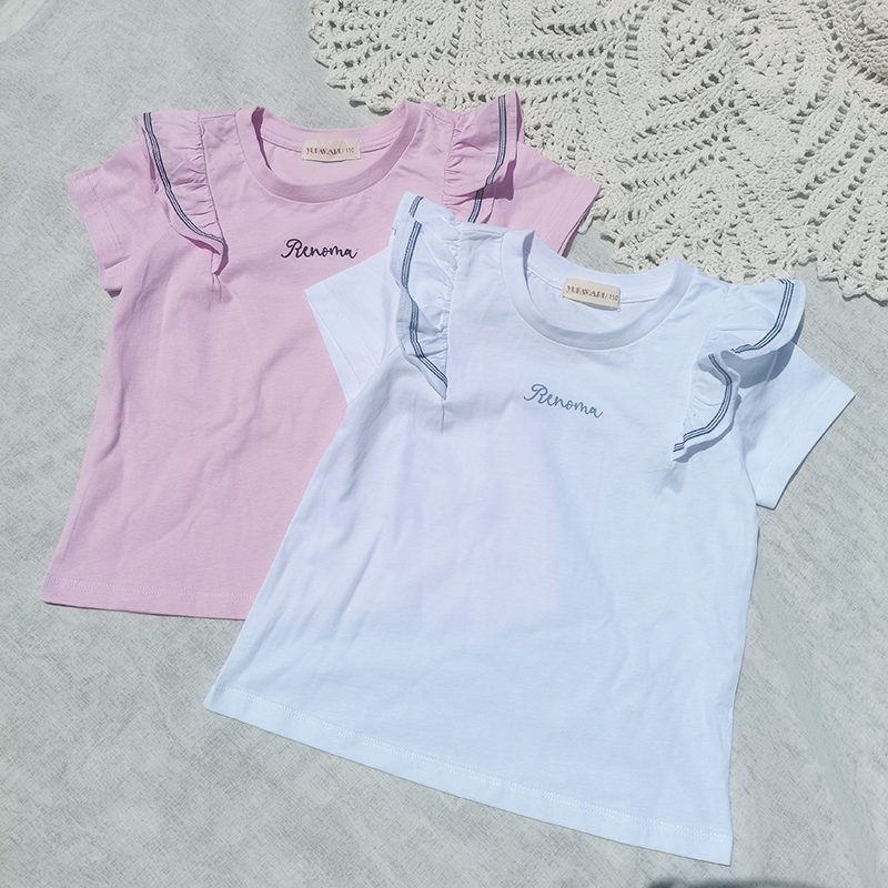 清特~3件包邮110韩单 女童夏季 全棉荷叶边花边 短袖T恤 白色粉色