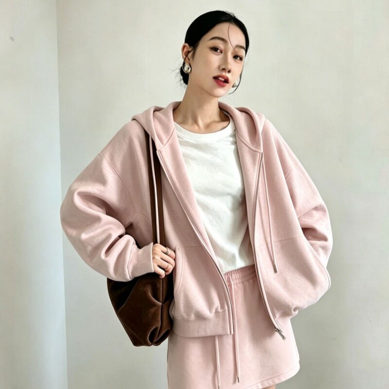 拉链卫衣外套女款秋季即墨粉色开衫连帽初秋2026新款韩系早秋穿搭
