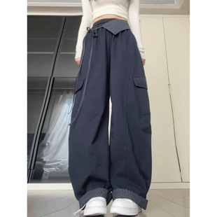 藏青色格子屁帘工装裤女春季2026新款宽松bf慵懒风高腰窄版弯刀裤