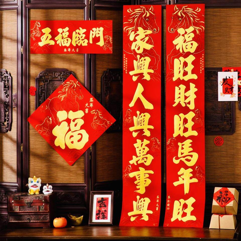 2026春联年货马年生肖绒布全背胶烫红金新年对联大门福字门贴