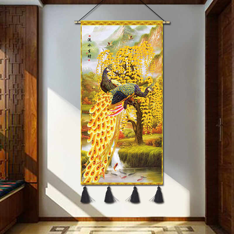 新中式孔雀玄关i挂毯客厅装饰画招财布艺挂画餐厅走廊茶室墙面布图片