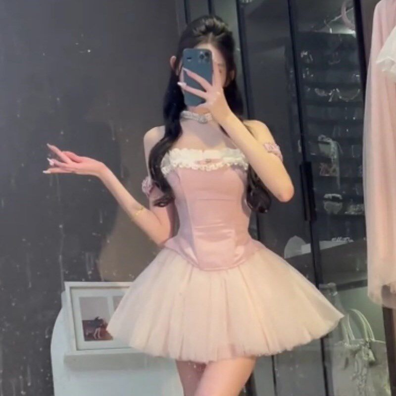 纯欲辣妹风粉色拼接吊带背心女外穿夏季一字肩鱼骨蝴蝶结抹胸上衣