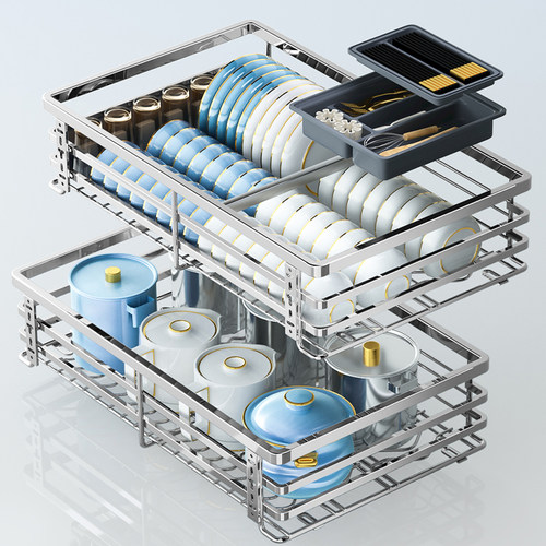 拉篮厨房橱柜304不锈钢双层抽屉式柜内加深放碗碗筷碗架调料碗篮