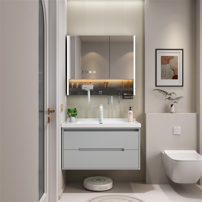 挂墙式橡木门板浴室柜陶瓷一体盆卫生间智能洗手洗脸盆洗漱台实木