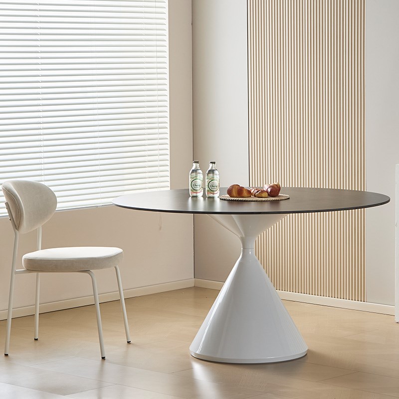 奶油风圆形纯白岩板餐桌椅组合小户型家用吃饭桌子现代简约圆桌椅