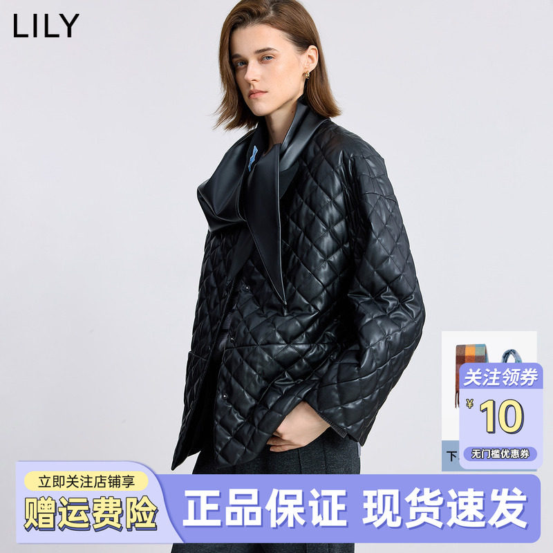 LILY2025冬新款女装含围巾复古PU皮菱格90鸭绒轻薄羽绒服外套短款