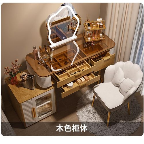 实木岩板梳妆台卧室现代简约轻奢奶油风小户型简易书桌化妆台一体