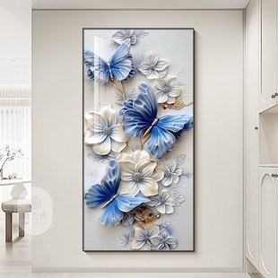 蝴蝶轻奢大气玄关装 饰画入户正对门立体感花卉走廊过道挂画晶瓷画