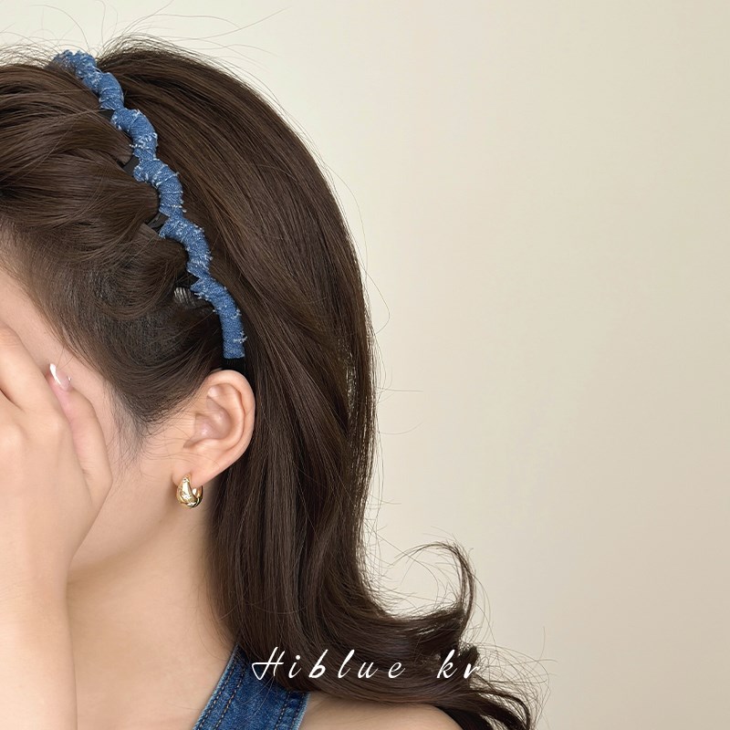 韩系布艺蓝色高颅顶大波浪发箍带齿防滑头箍女2024V新款不勒头外