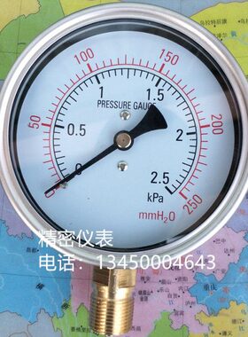 YE100膜盒压力表 0~2.5KPA/250MMH2O微压压力表 毫米水柱压力表