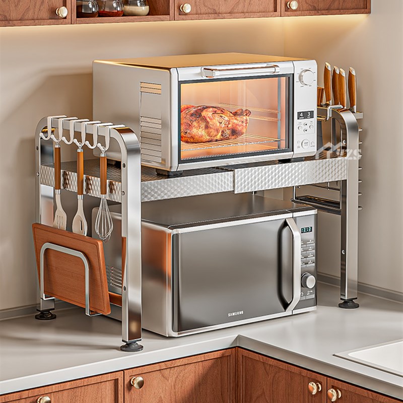 不锈钢厨房微波炉架子置物架多功能家用台面O烤箱电器伸缩收纳支