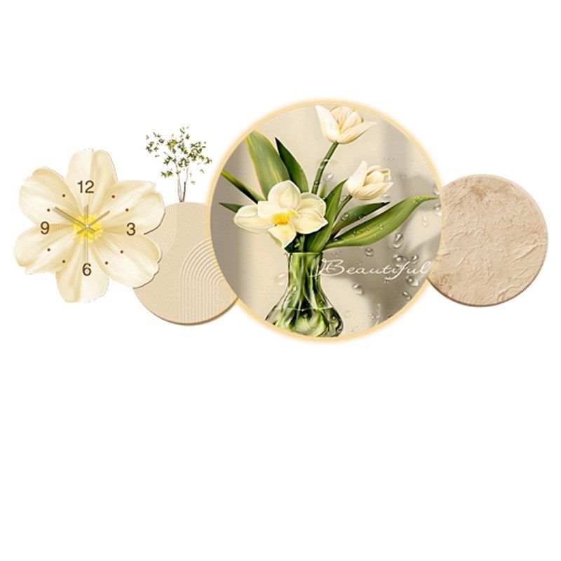 餐厅装饰画抽象花卉带钟表石来运转砂岩背景墙中式挂画免打孔挂钩