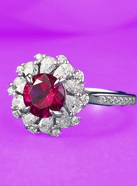 珠b宝直播新品S925银镶嵌6.0mm鸽血红满钻戒指环女时尚通勤