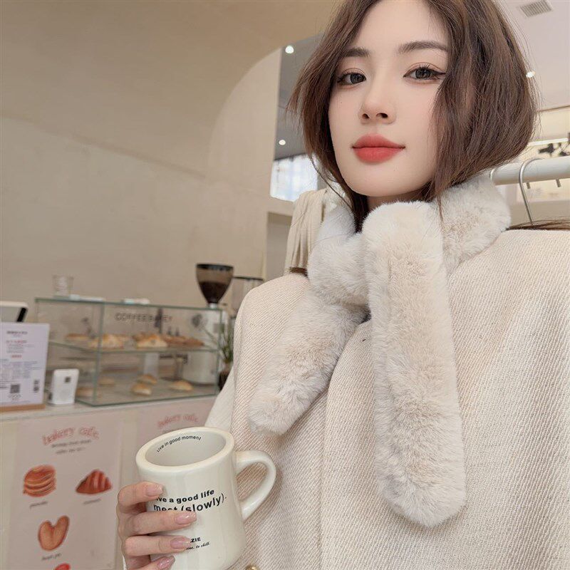 冬季女韩系c仿獭兔毛交叉围脖冬天学生毛茸茸围巾2024新款毛绒加