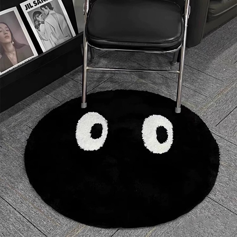 簇绒卡通黑脸煤球圆形植绒地毯加C厚卧室隔凉床边毯客厅沙发茶几