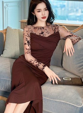 2024秋季新款女装法式复古织绒网纱拼接修J身显瘦鱼尾连衣裙30635