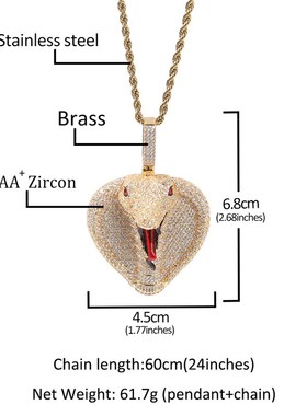 欧美跨境新品眼镜蛇嘻哈吊t坠铜镶锆石卡通ins个性男女潮吊坠配饰