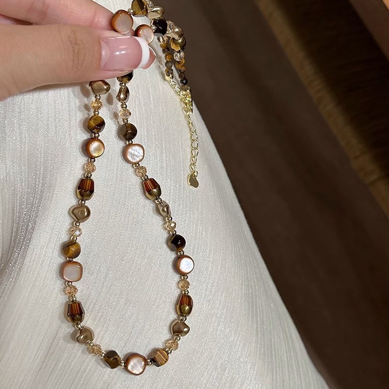 美拉德虎眼石串珠项链女秋冬锁骨链轻奢小K众毛衣链复古锁骨链饰