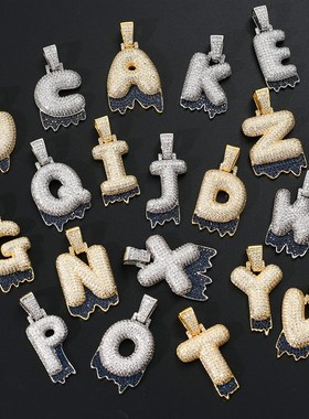 欧美嘻哈a锆石气泡字母吊坠双色个性创意拼接情侣蓝色熔岩字母吊