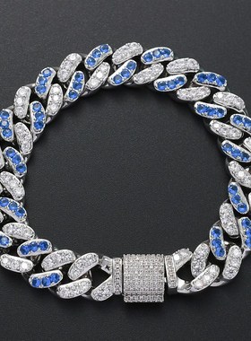 跨境欧美嘻哈手链 12mm微u镶海蓝白锆石古巴链hiphiop嘻哈潮流配