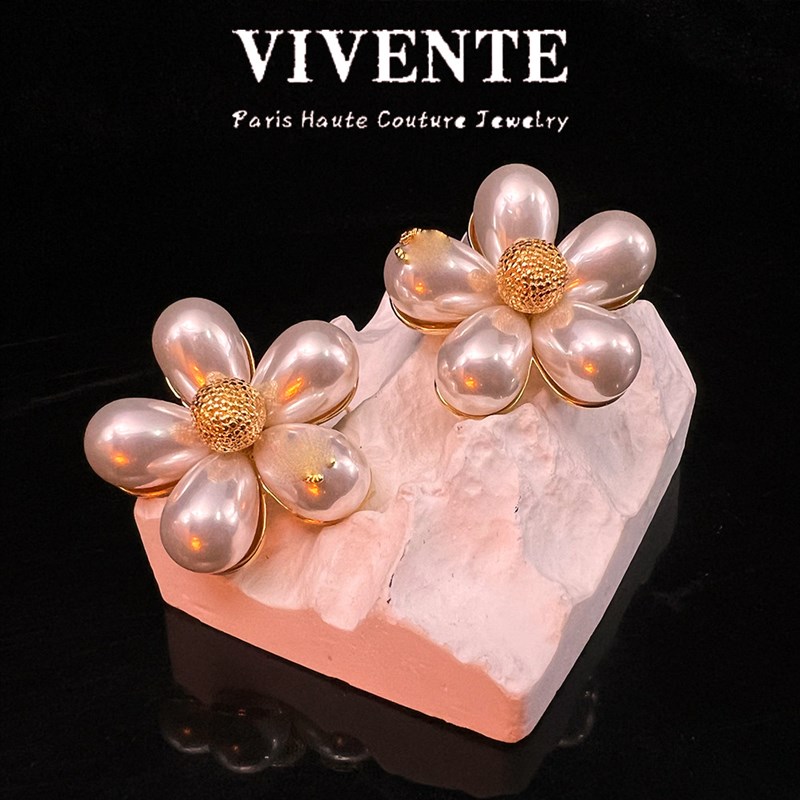 花朵耳钉新中式vintage小众百搭香珍珠打标耳环V女小众精致耳钉